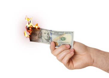 Image of Man holding one hundred banknote on white background, closeup