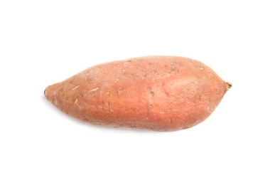 Photo of Whole ripe sweet potato on white background, top view