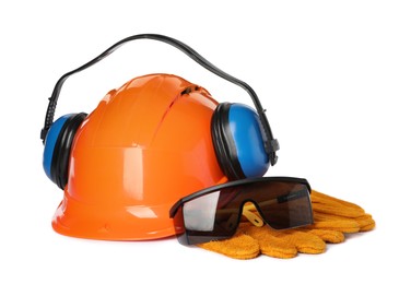 Photo of Protective workwear on white background. Safety equipment