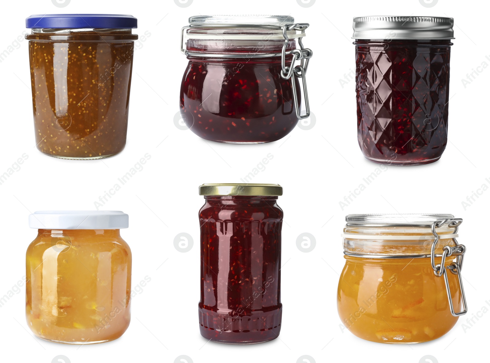 Image of Set of jars with delicious jams on white background