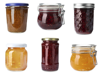 Image of Set of jars with delicious jams on white background