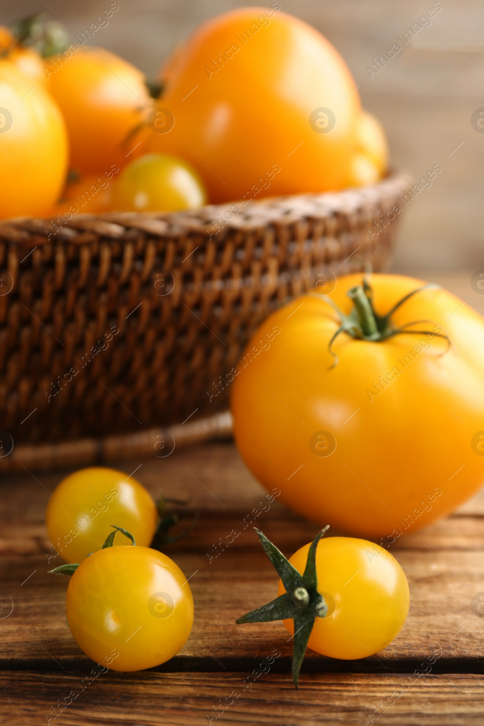 Photo of Ripe yellow tomatoes on wooden table, closeup