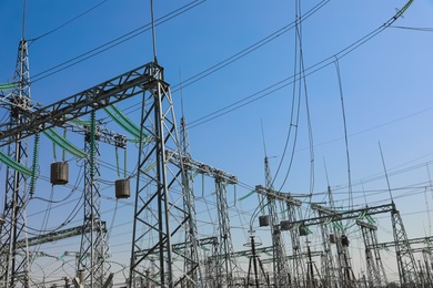 Modern electrical substation on sunny day, low angle view