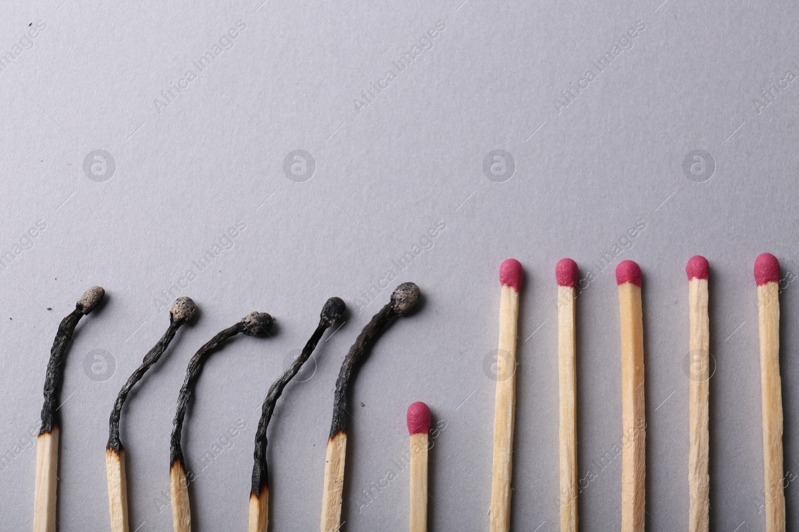 Photo of Burnt and whole matches on light grey background, flat lay. Space for text