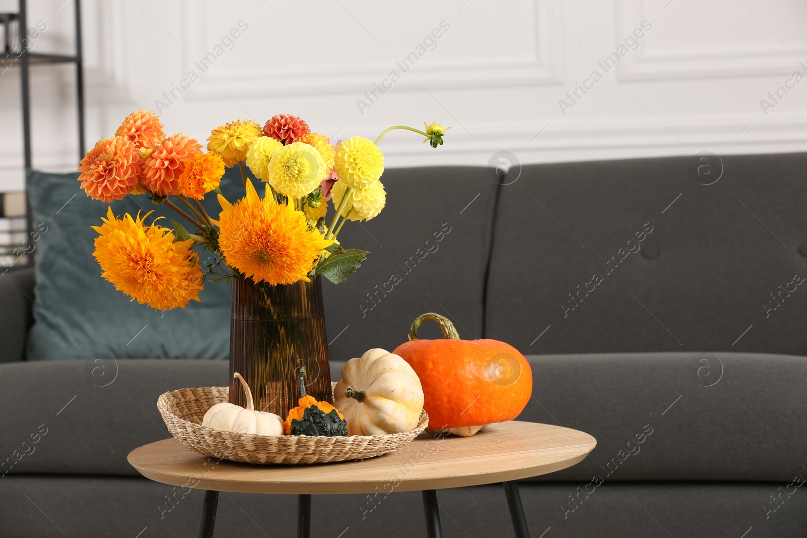 Photo of Beautiful autumn bouquet and pumpkins on coffee table near sofa in room