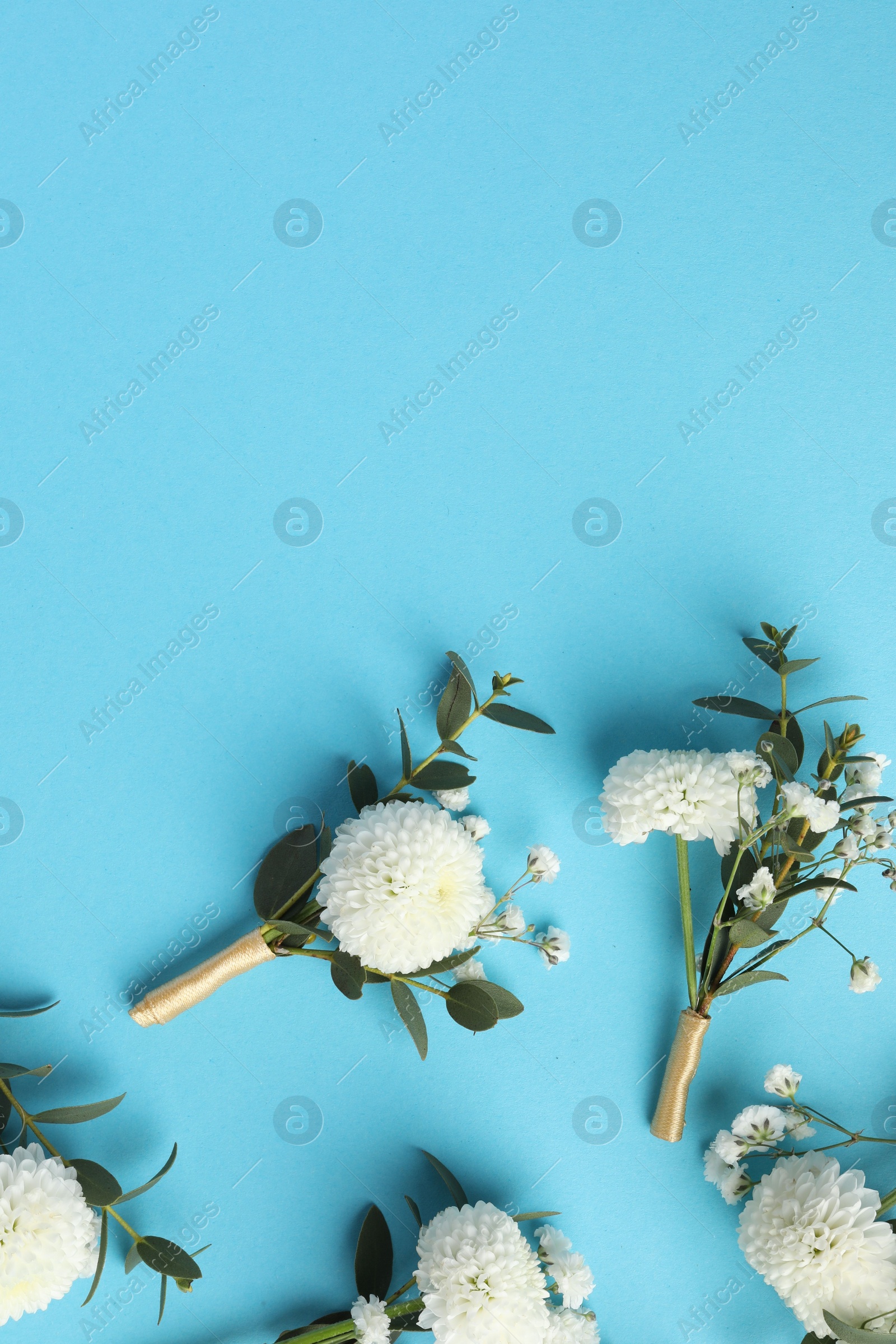 Photo of Many stylish boutonnieres on light blue background, flat lay. Space for text