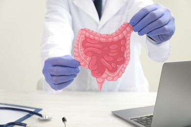 Photo of Doctor with paper intestine cutout at white table, selective focus