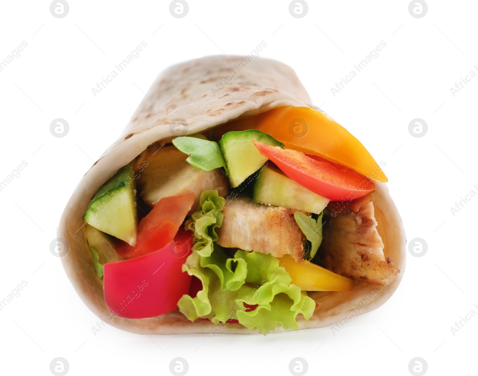 Photo of Delicious meat tortilla wrap isolated on white