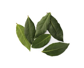 Photo of Aromatic fresh bay leaves isolated on white, top view