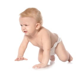 Cute little baby crawling on white background