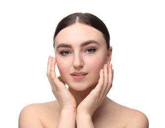 Photo of Makeup product. Woman with black eyeliner and beautiful eyebrows on white background