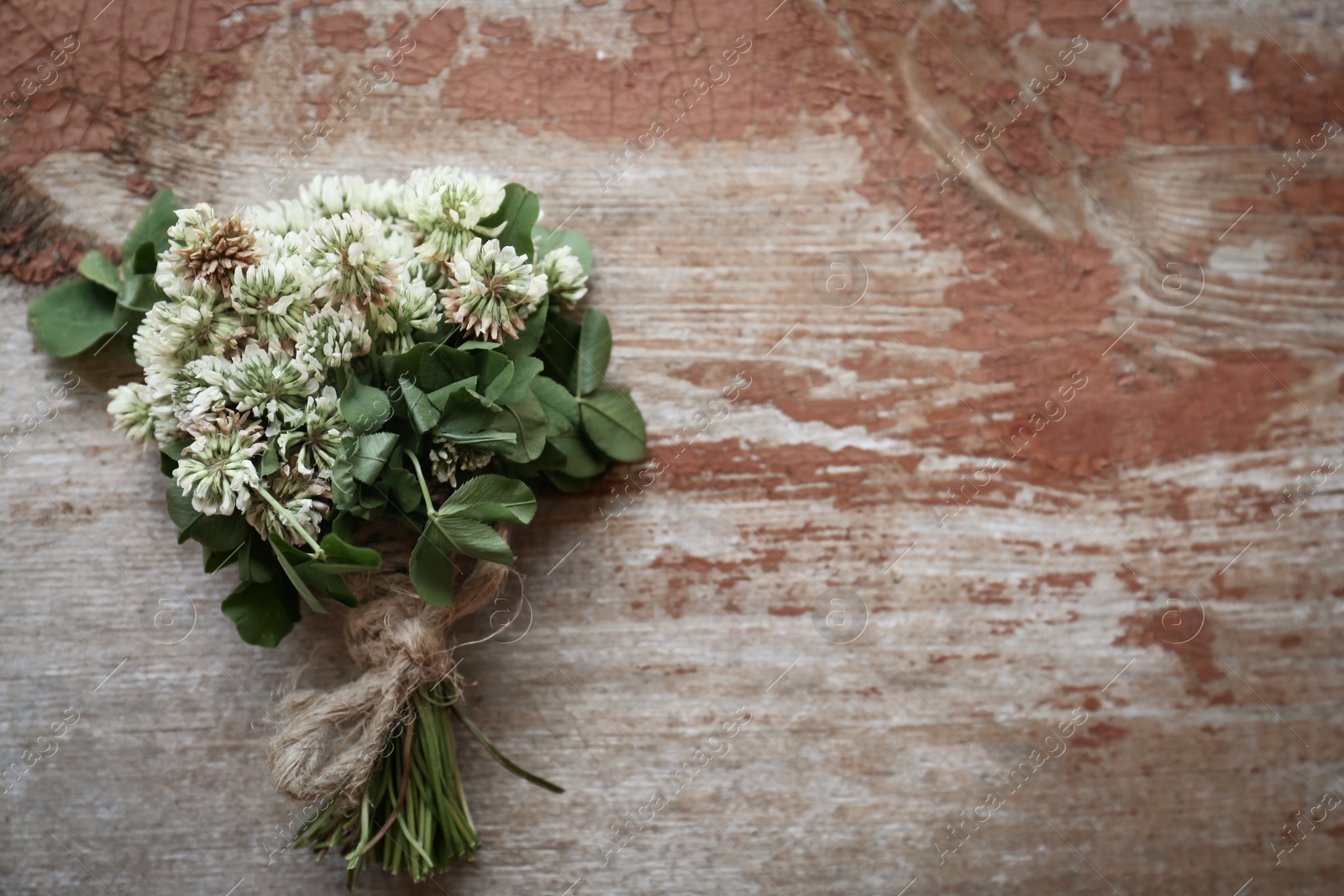 Photo of Bunch of beautiful clover plant on wooden table, top view. Space for text