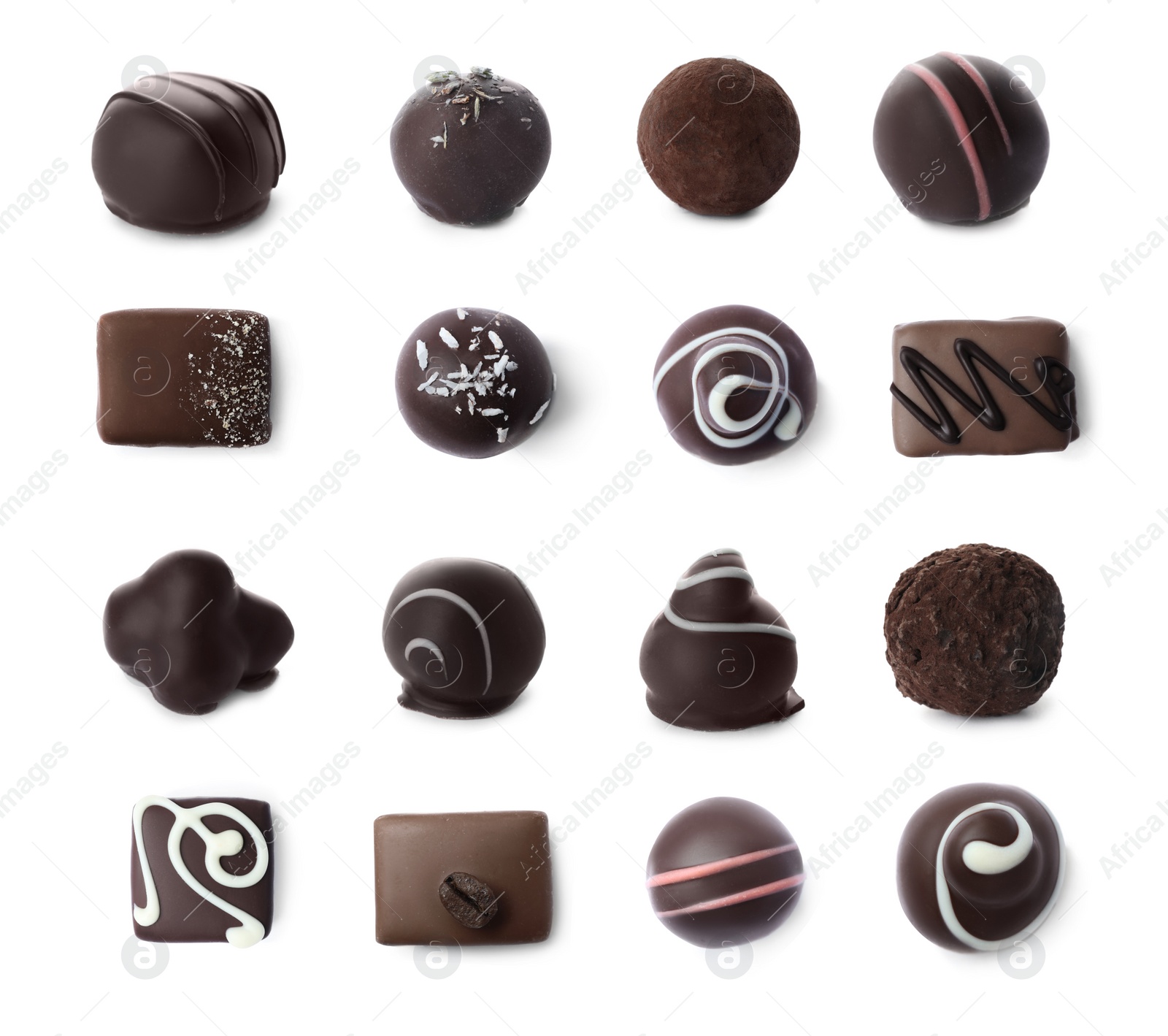 Image of Set with different chocolate candies on white background