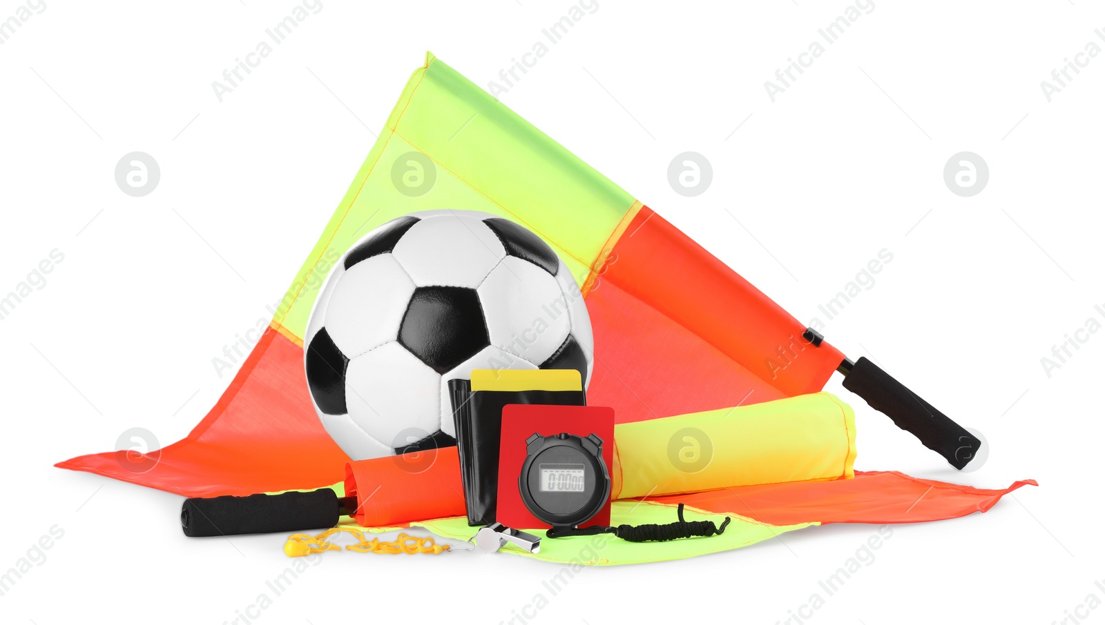 Photo of Football referee equipment. Soccer ball, flags, stopwatch, cards and whistle isolated on white