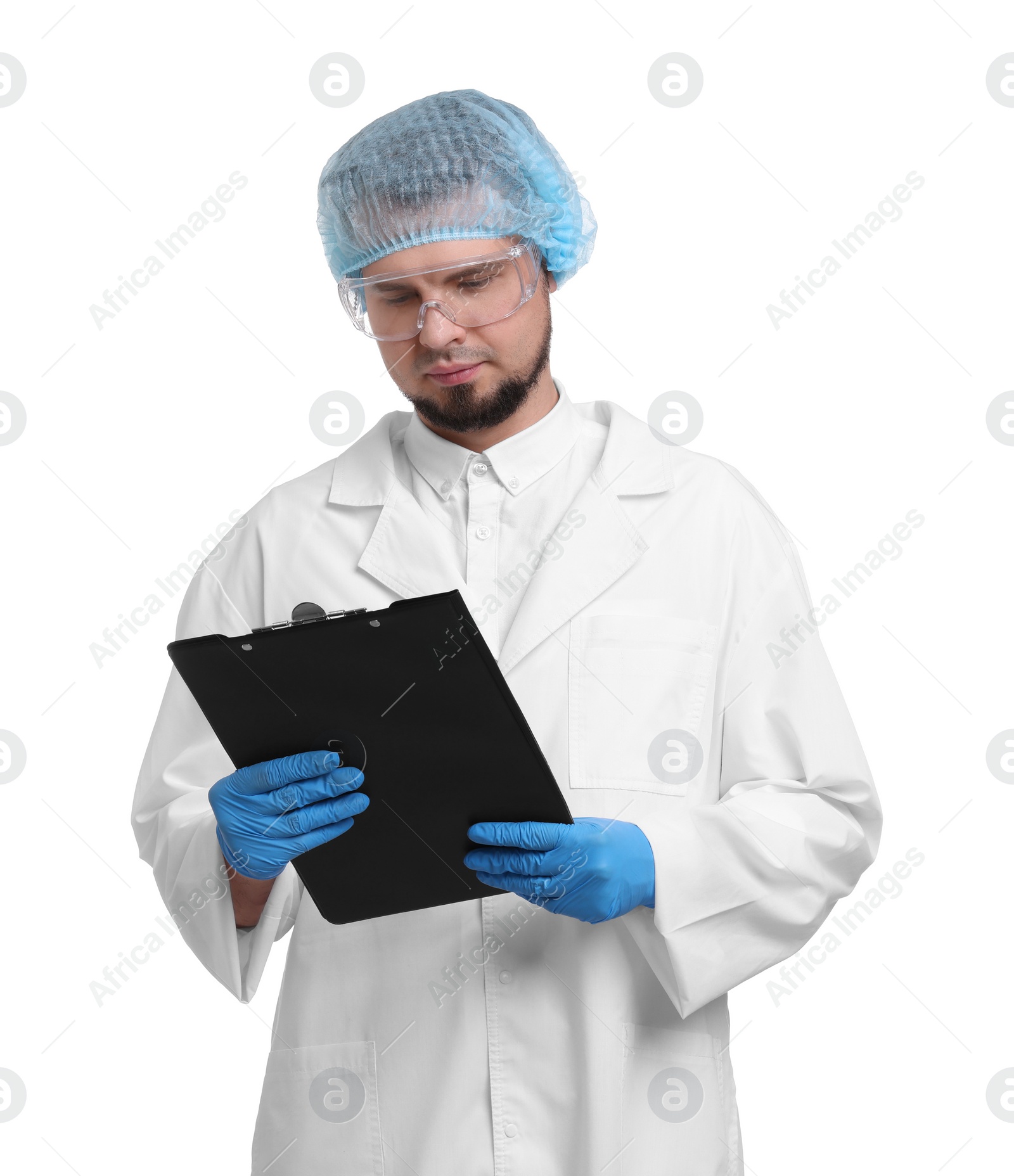 Photo of Quality control. Food inspector with clipboard on white background