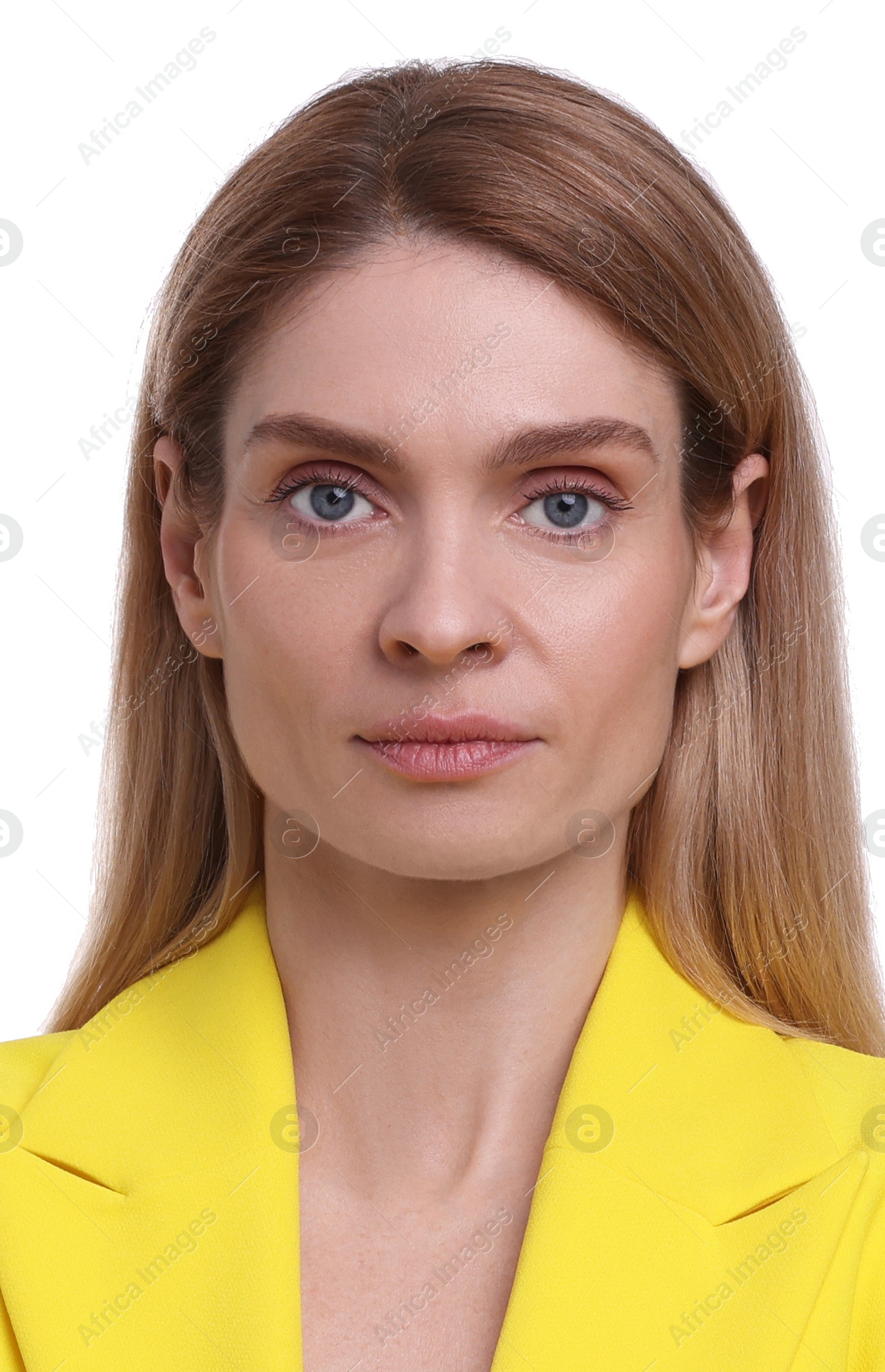 Image of Passport photo. Portrait of woman on white background