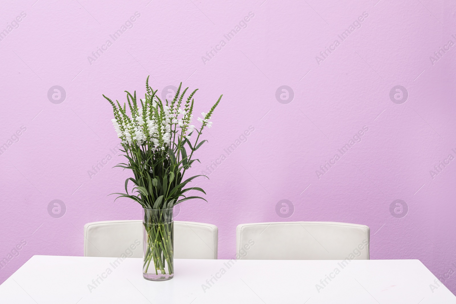 Photo of Beautiful bouquet in vase on white table against color background. Stylish interior