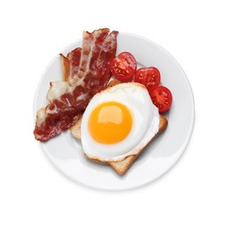 Plate with delicious fried egg, bacon and tomatoes isolated on white, top view