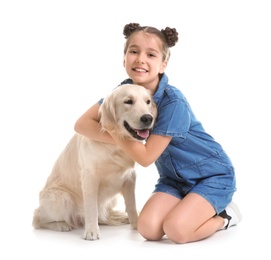 Photo of Cute little child with her pet on white background