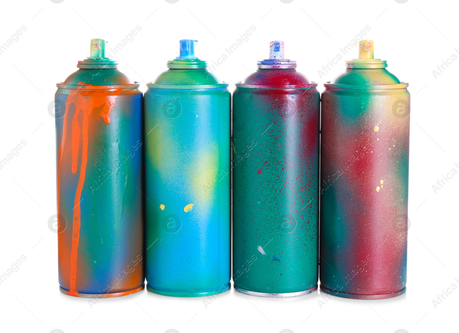 Photo of Many spray paint cans isolated on white