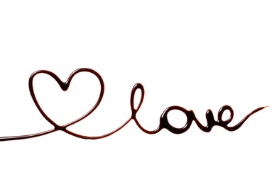 Photo of Word Love with heart made of chocolate on white background, top view