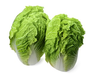 Photo of Fresh tasty Chinese cabbages on white background