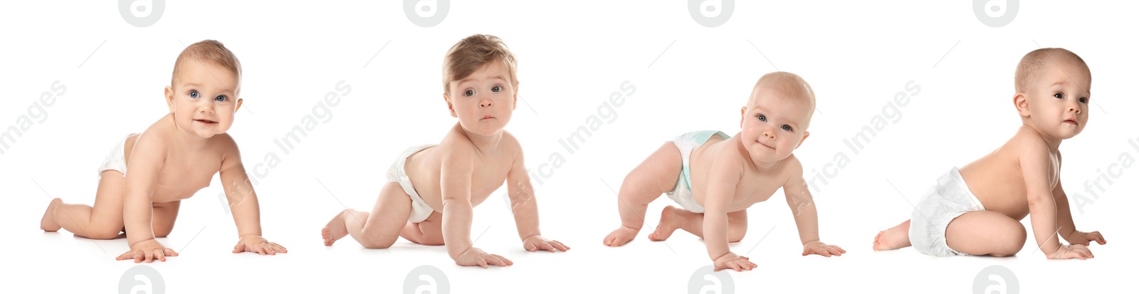 Image of Collage with photos cute little babies crawling on white background. Banner design