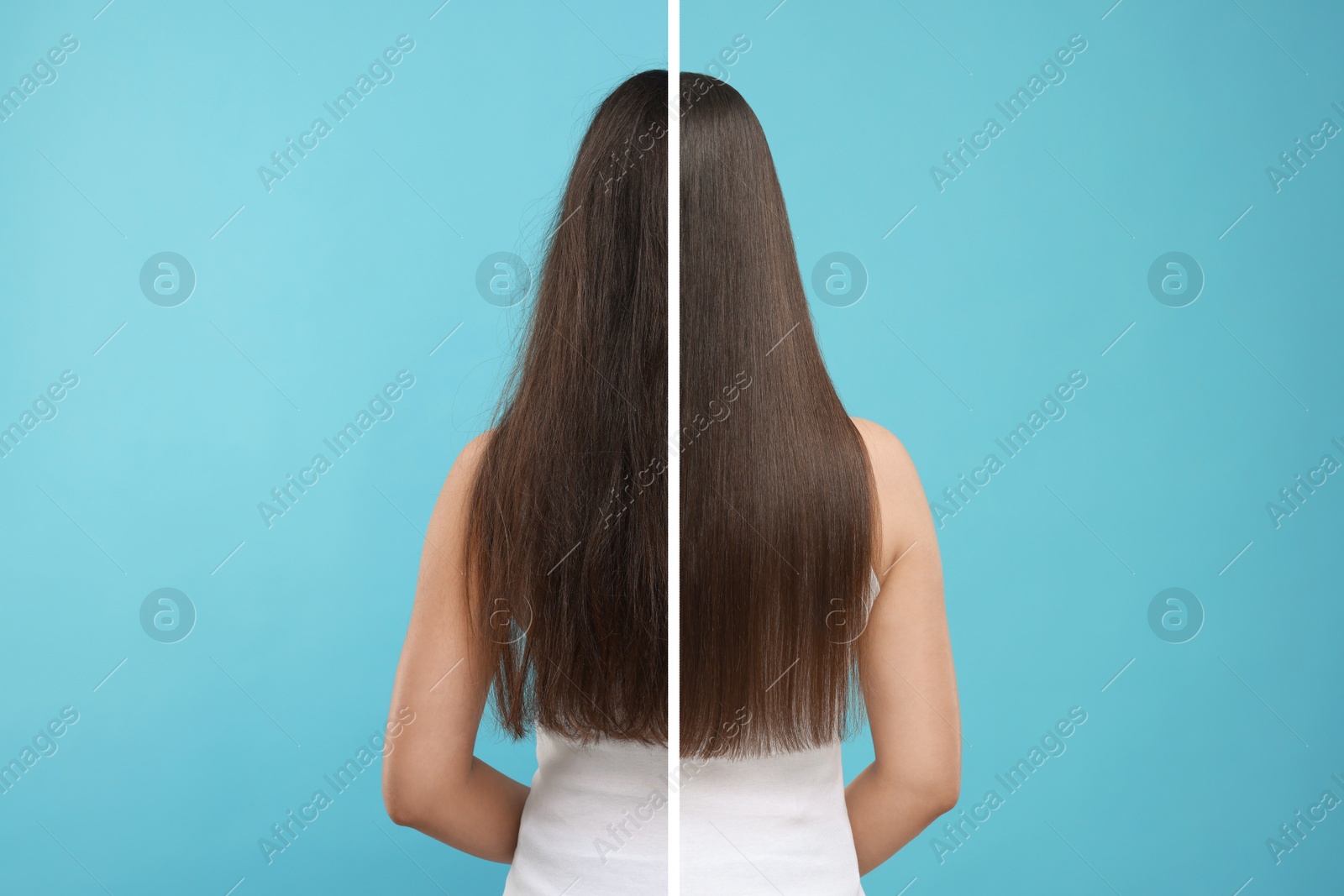 Image of Photo of woman divided into halves before and after hair treatment on light blue background, back view