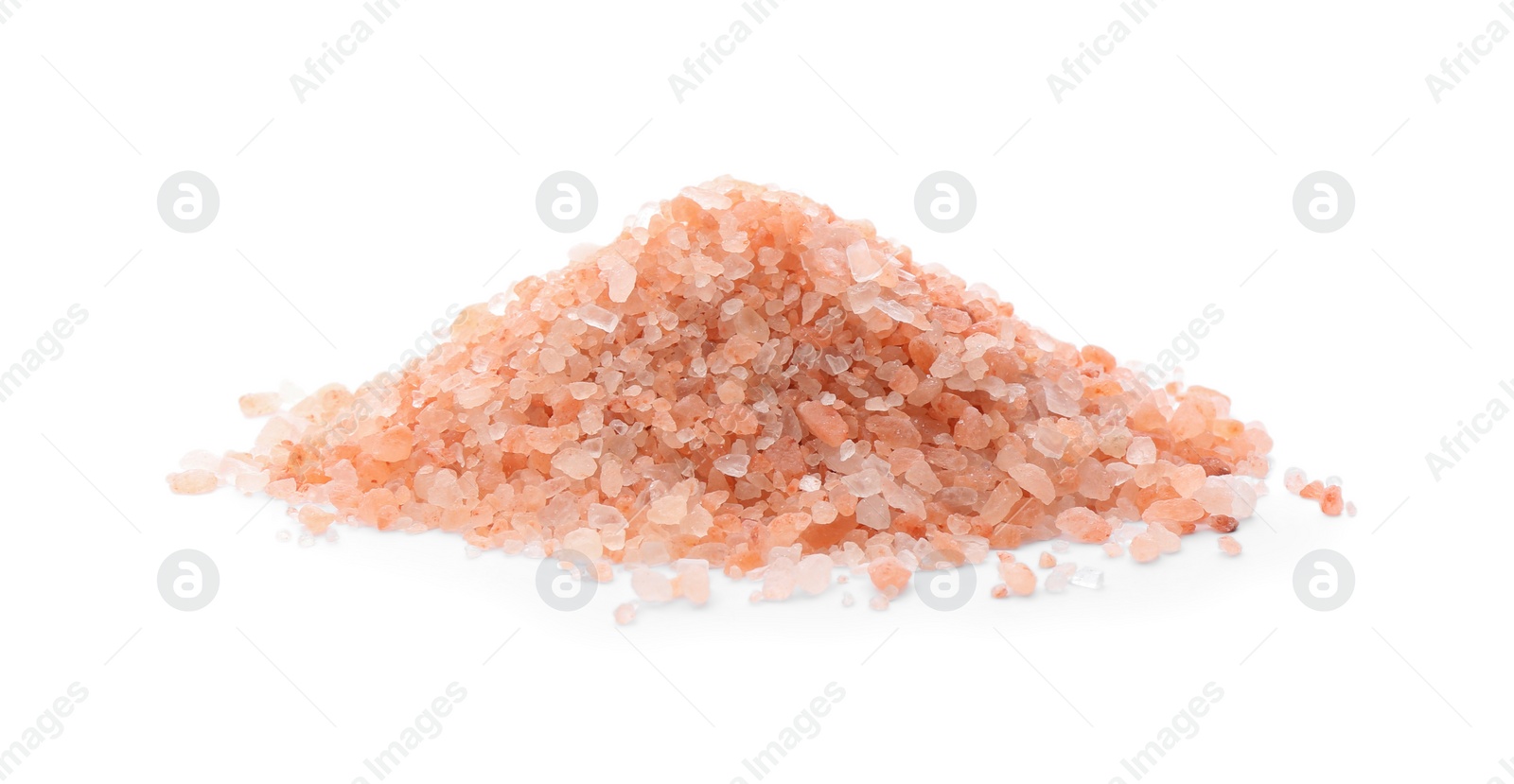 Photo of Pile of pink himalayan salt isolated on white