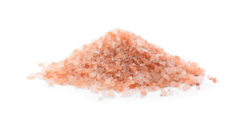 Photo of Pile of pink himalayan salt isolated on white