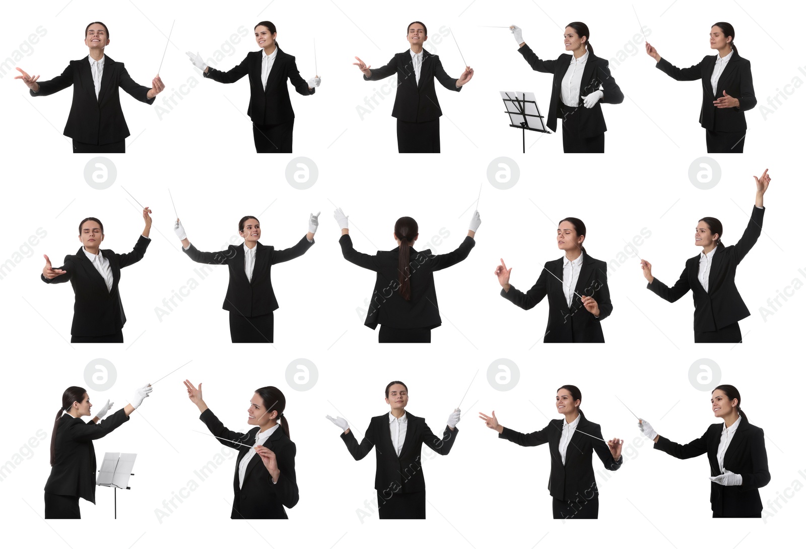 Image of Collage with photos of professional young conductor with baton on white background