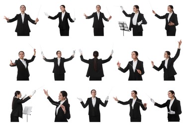 Collage with photos of professional young conductor with baton on white background