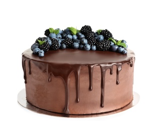 Fresh delicious homemade chocolate cake with berries on white background