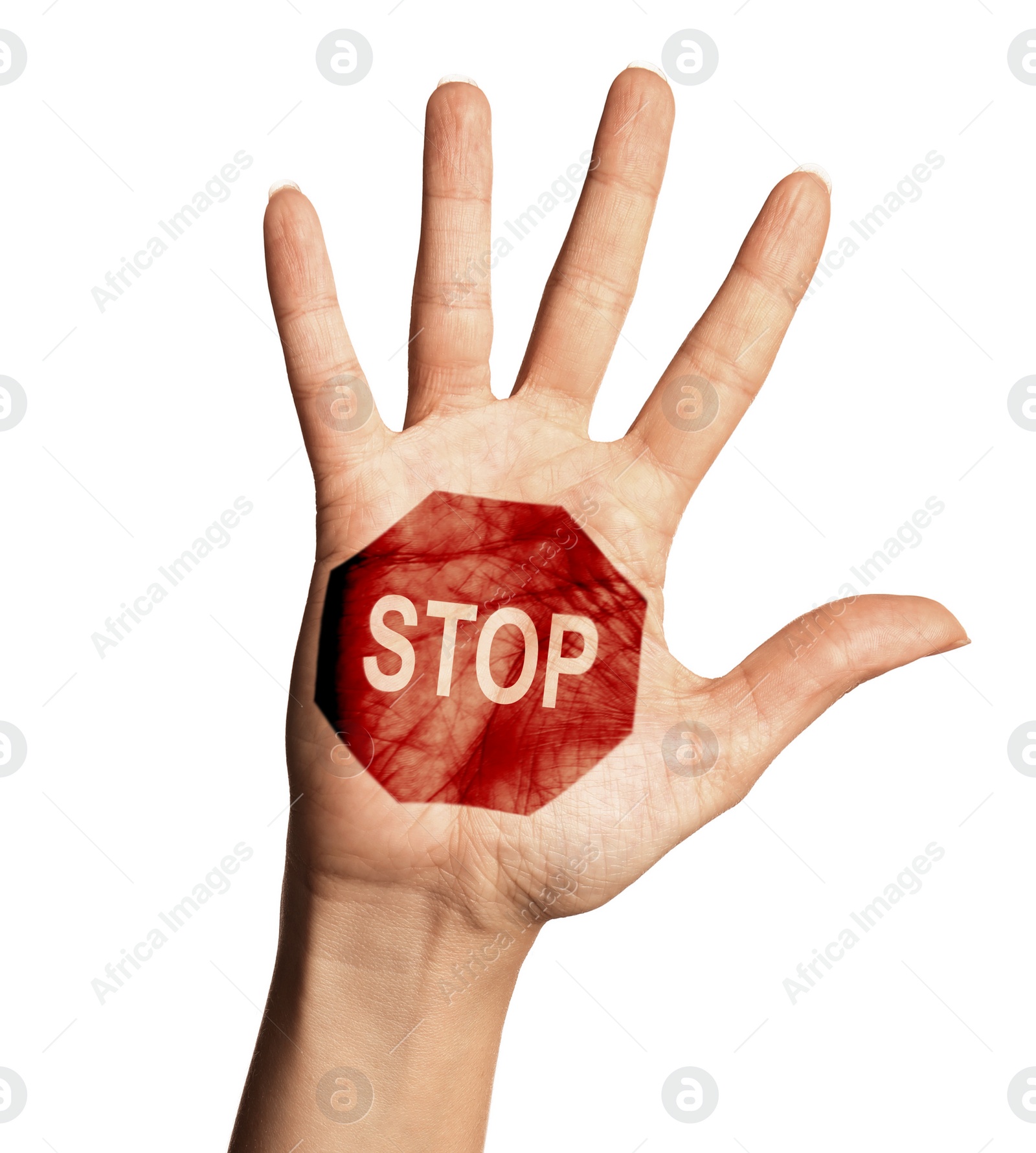 Image of Woman showing palm with drawn STOP sign on white background, closeup