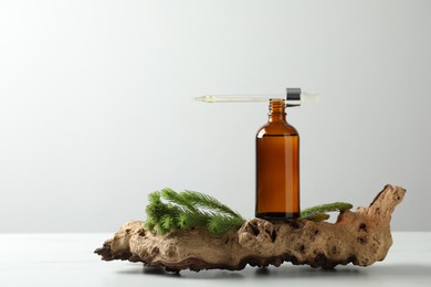 Photo of Bottle of hydrophilic oil and fir twigs on white background, space for text