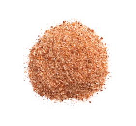 Photo of Heap of pink salt with spices on white background, top view