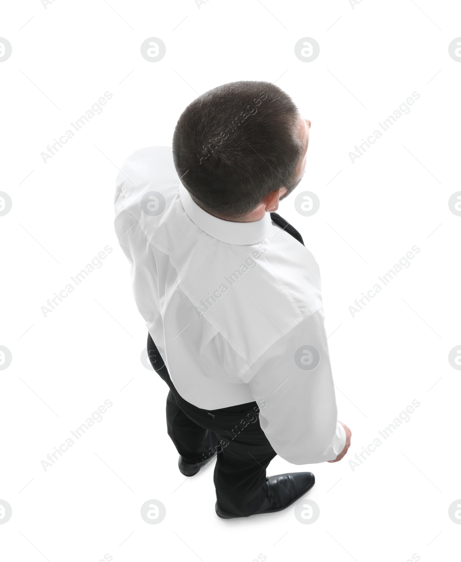 Photo of Man in formal clothes on white background, back view