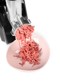 Photo of Electric meat grinder with beef mince isolated on white, above view