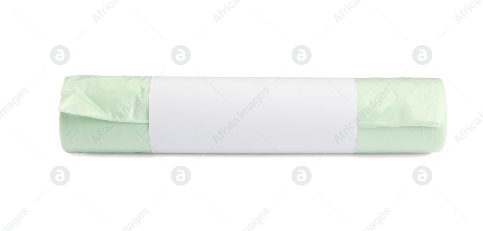 Photo of Roll of garbage bags on white background. Cleaning supplies