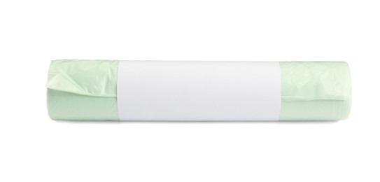 Photo of Roll of garbage bags on white background. Cleaning supplies