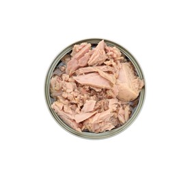 Photo of Tin can with canned tuna isolated on white, top view