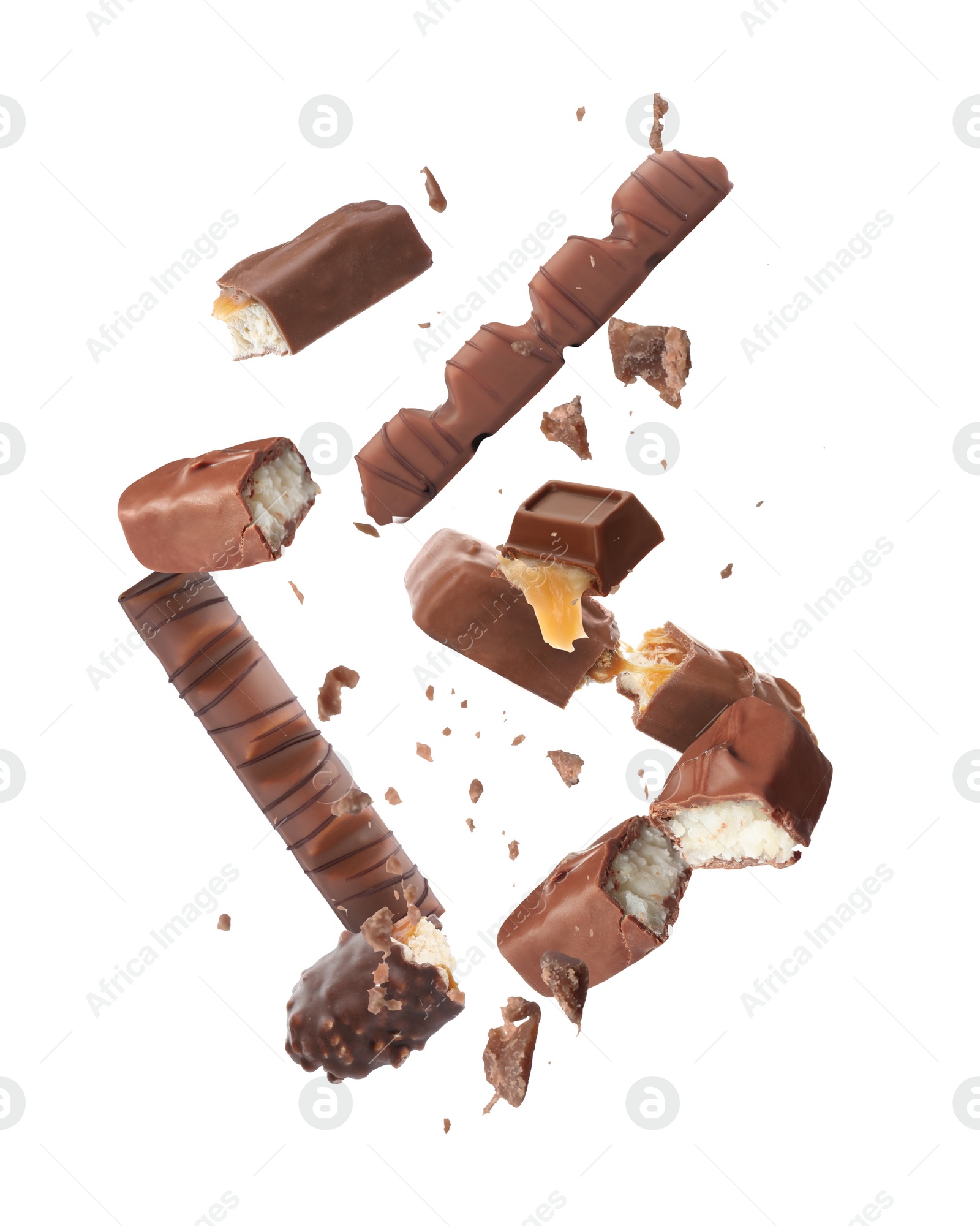 Image of Whole and broken chocolate bars falling on white background