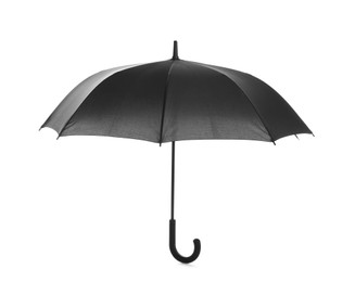 Photo of One open black umbrella isolated on white