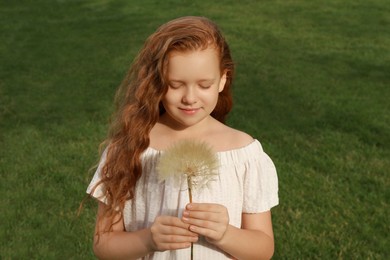 Photo of Cute girl with beautiful red hair holding large dandelion in park. Allergy free concept