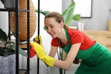 Photo of Woman cleaning shelving unit with rag at home