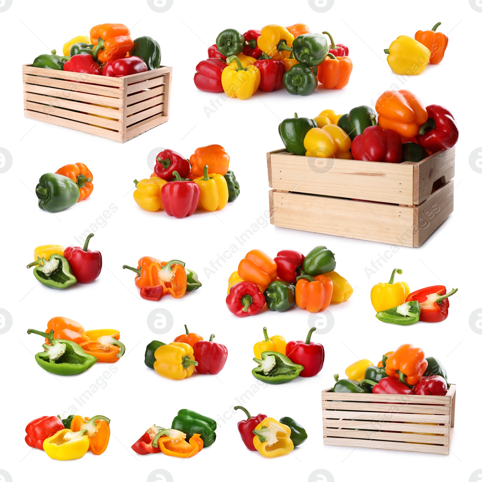 Image of Set of different ripe bell peppers on white background