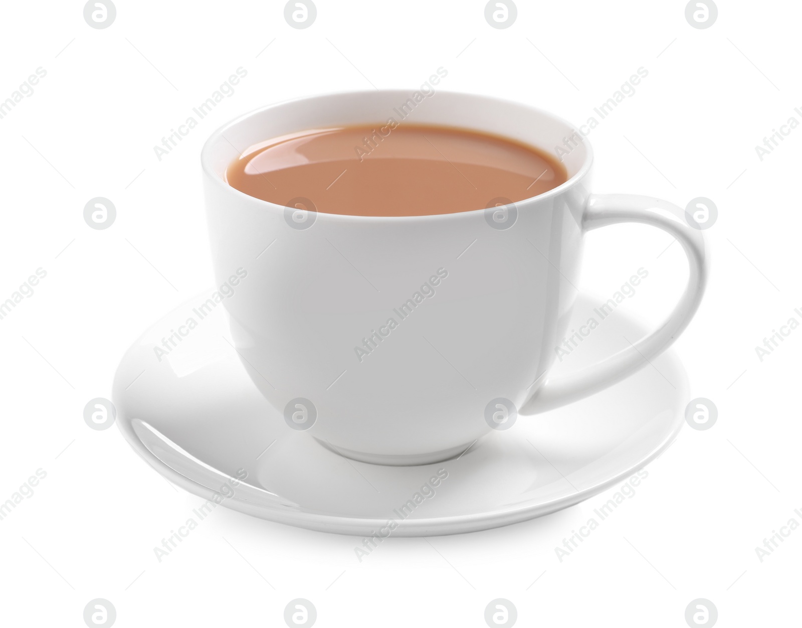 Photo of Delicious tea with milk on white background