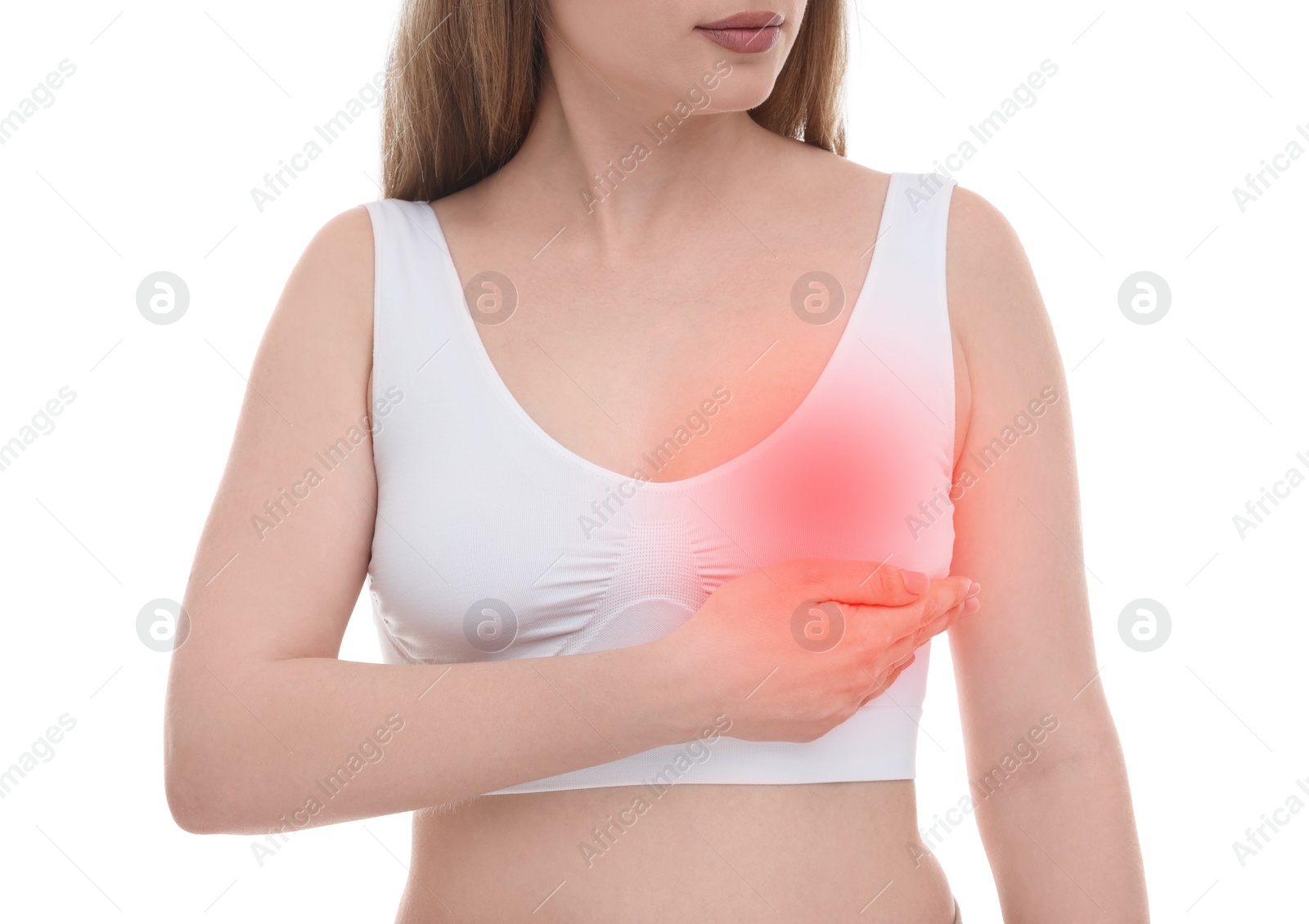 Image of Young woman suffering from breast pain on white background, closeup