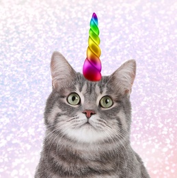 Image of Cute cat with rainbow unicorn horn on blurred sparkling background