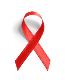 Red ribbon on white background, top view. Cancer awareness